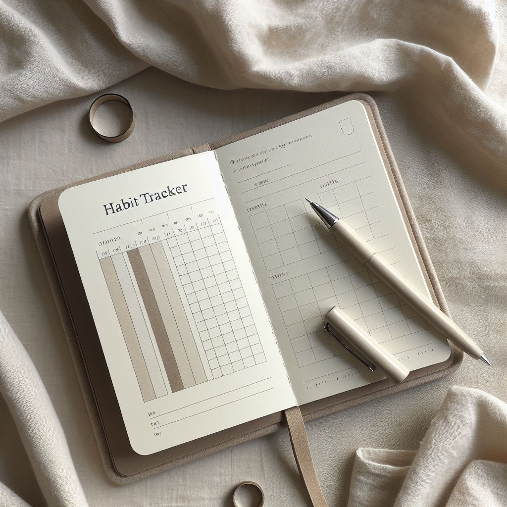 Notebook with habit tracking grid and pen on wooden desk